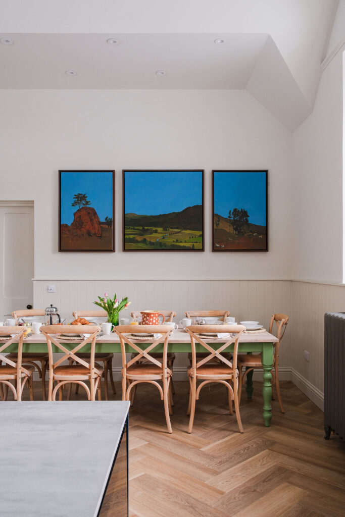 Styled kitchen and breakfast table at The Schoolhouse, Straloch Estate