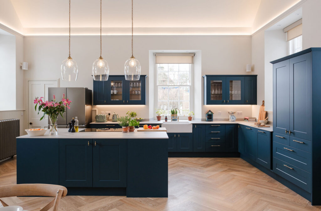 Styled kitchen and island at The Schoolhouse, Straloch Estate
