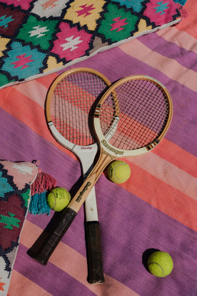 Tennis rackets on grounds of The Schoolhouse, Straloch Estate, Perthshire